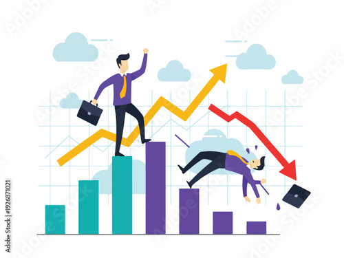 Businessman climbing up graph with rising arrow and another falling with decreasing arrow  stock market growth and loss concept