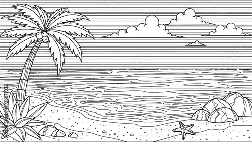 Line art of a serene beach scene with a palm tree on the left, a starfish on the sandy shore, rocks to the right, and a calm sea under a clouded sky.