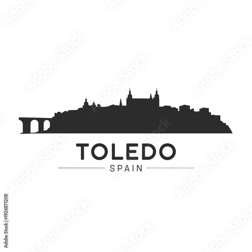 Silhouette of toledo skyline with city name and spain text below