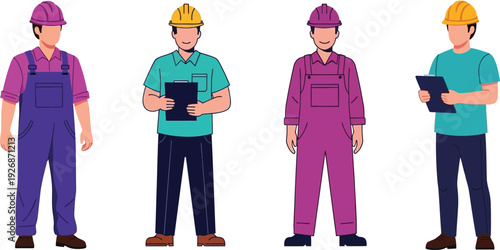 Four cartoon workers in different uniforms and hard hats standing in a row