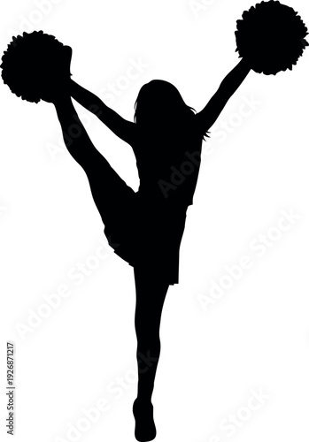 Silhouette of Cheerleader Performing High Kick with Pom Poms Isolated on White Background