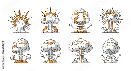 Set of eight cartoon mushroom cloud explosions depicting various stages of atomic blasts or large-scale fireballs in the sky.