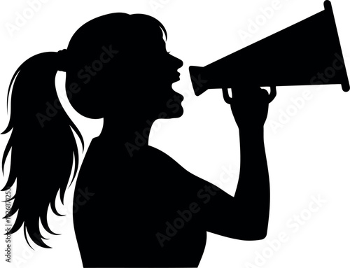 Silhouette of woman shouting through megaphone, cheerleader or announcement concept