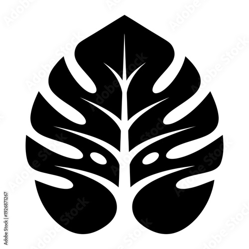 Black Monstera Leaf Silhouette Icon, Stylized Tropical Plant Symbol