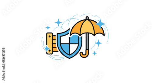 Protective security symbol featuring a blue shield and a yellow umbrella illustrating insurance and safety concepts for users.