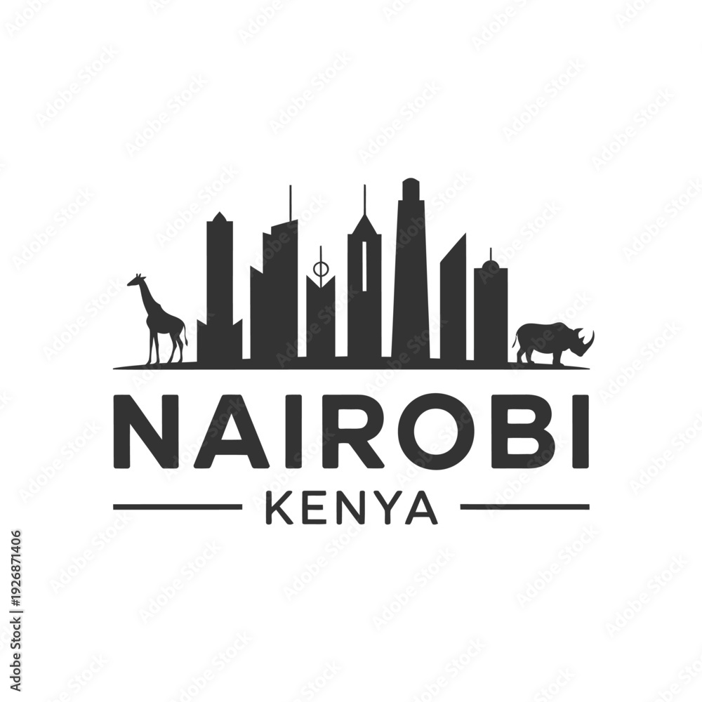 Fototapeta premium Nairobi Kenya skyline featuring wildlife silhouettes and bold typography