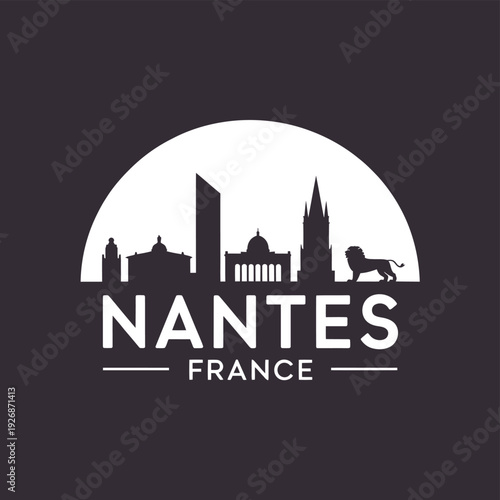 Nantes france logo with a cityscape silhouette inside a half circle