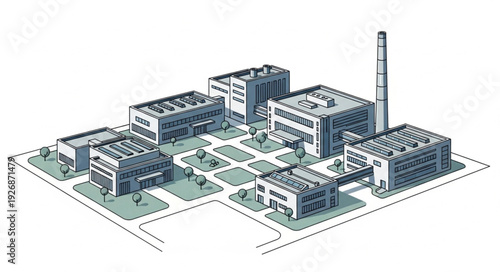 Architectural illustration of a complex industrial facility with multiple buildings and a tall smokestack.