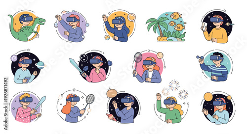 Collection of colorful circular icons featuring diverse children wearing virtual reality headsets and experiencing different digital worlds.