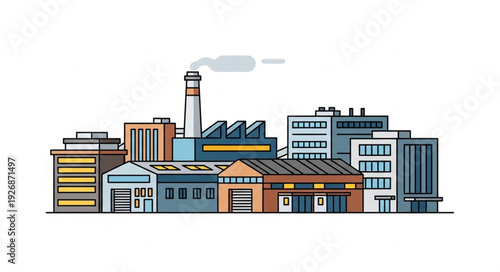 Industrial cityscape featuring factories, buildings, and smokestacks, representing urban development and manufacturing.