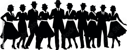 Silhouette group of dancers wearing vintage fedora hats and retro outfits