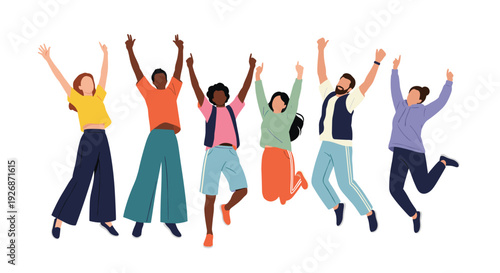 Group of diverse and happy young people jumping high in the air together to celebrate success and express their joy and freedom.