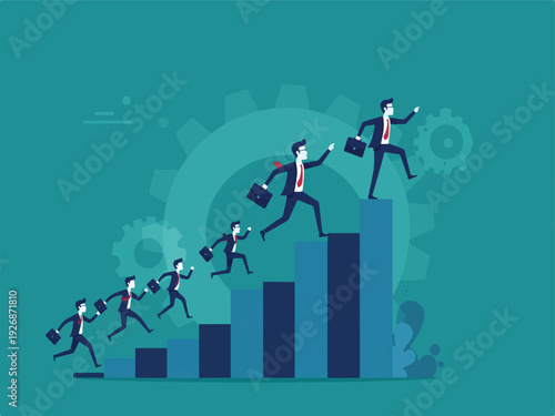 Businessmen climbing up bar chart with gears in background  career growth concept