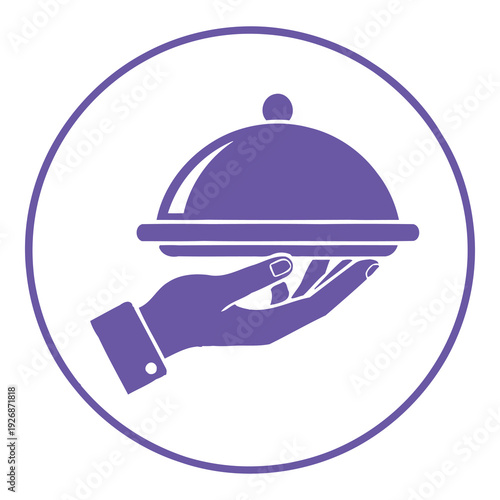 Purple icon of a hand holding a covered serving dish in a circle icon