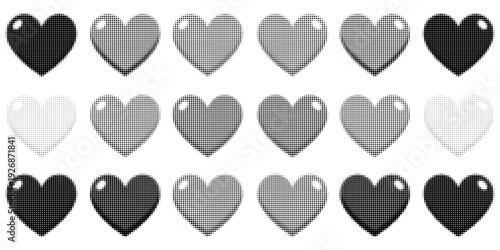 Halftone heart shapes design elements set (monochrome)