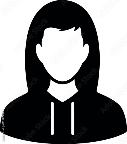Female avatar icon wearing hoodie, black and white silhouette profile illustration