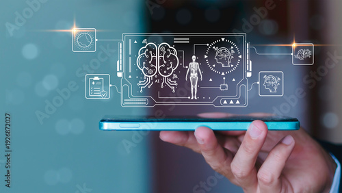 Artificial intelligence healthcare technology, digital diagnostics, machine learning, and smart medical innovation. AI agent brain interface analyzing medical data and human body scan on smartphone