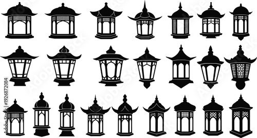 Collection of 25 traditional lantern and pagoda silhouettes, isolated vector icons showcasing East Asian architecture, cultural design, decorative and ornamental themes