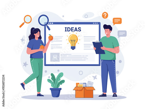 Cartoon people generating ideas with light bulb on computer screen and objects  brainstorming concept