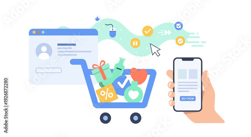 Online Shopping & E-commerce Journey: Digital Purchase Process with Mobile Phone, Web Browser, and Shopping Cart