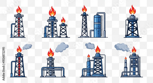 Illustrative depiction of industrial gas flares, emitting flames into the atmosphere, representing energy production.