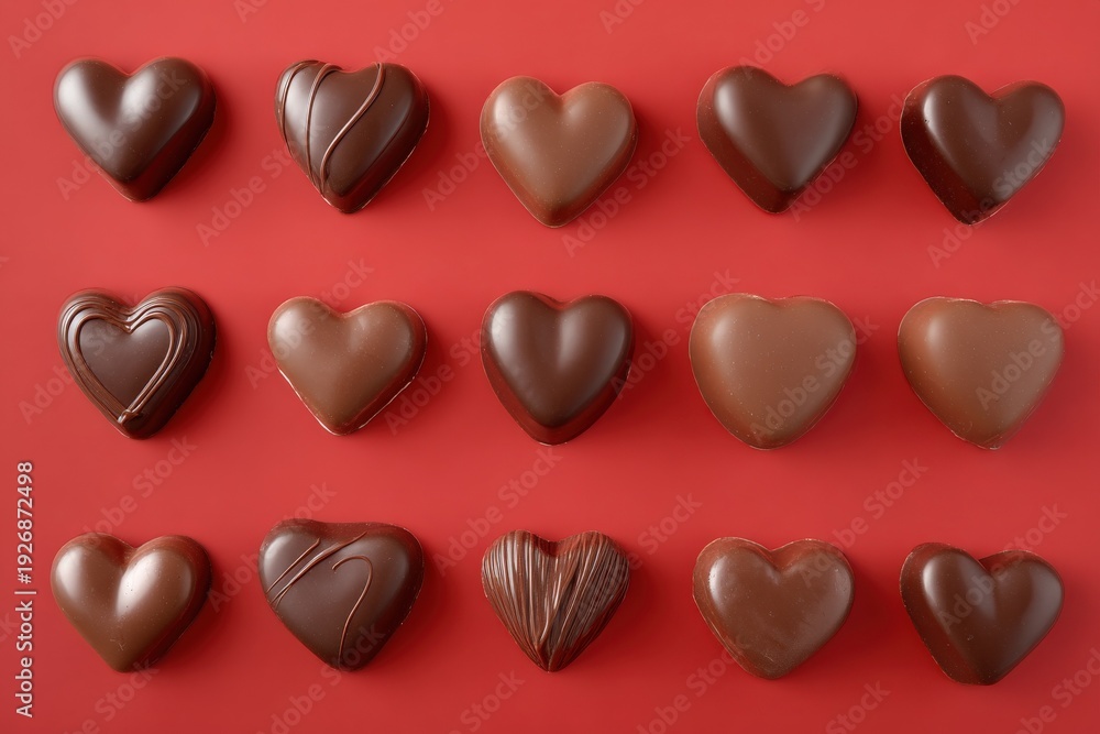 Obraz premium Assorted heart-shaped chocolates on red background