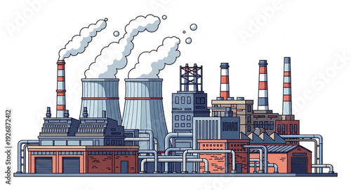 Industrial complex emitting pollution into the atmosphere, causing environmental concerns and climate change.
