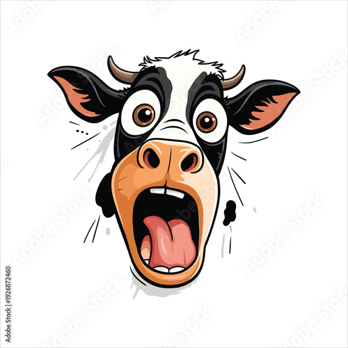A cartoon illustration depicts a surprised black and white cow with a wide open mouth and exaggerated expressive features high-quality professional detailed modern elegant stylish