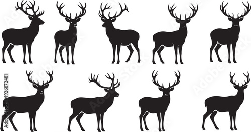 Set of deer silhouettes in various poses and antlers