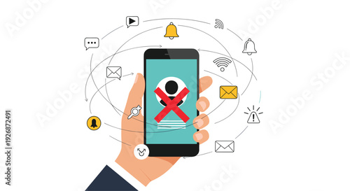 Hand holding a smartphone displaying a blocked user profile with a red cross surrounded by various social media and communication icons.
