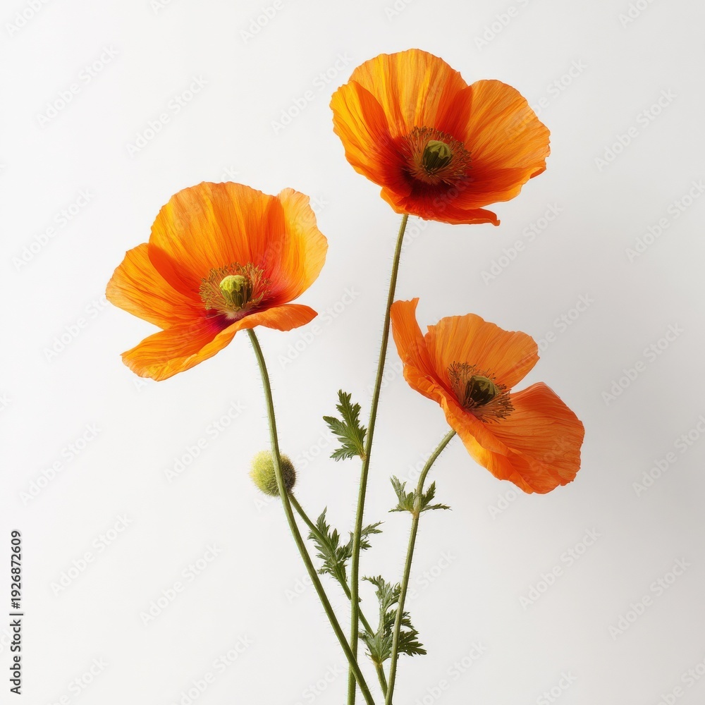 Fototapeta premium Three vibrant orange poppies against white background