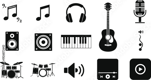 Collection of black music and audio silhouette icons including notes, guitar, microphone, headphones, speakers, keyboard, drums, and play button