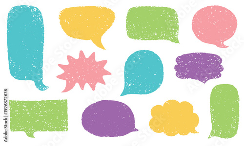 Set of speech bubbles in various shapes. Textbox in doodle style isolated on a white background. Dialogue cloud, chat icons with grunge texture. Vector illustration