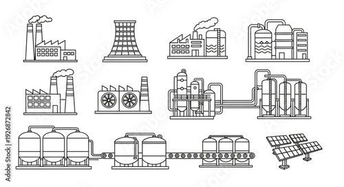 Industrial complex illustration showcasing various factory and plant structures in a line drawing style.