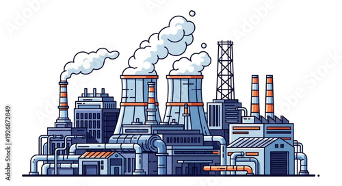 Detailed illustration of a large industrial power plant with cooling towers and smokestacks.