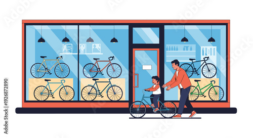 Caring father assists his young child in learning how to ride a bicycle on the sidewalk in front of a modern bike shop with large windows.