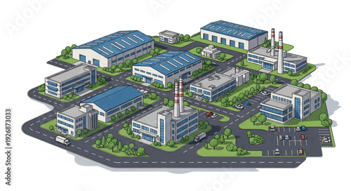 Industrial complex illustration showcasing various buildings and infrastructure elements.