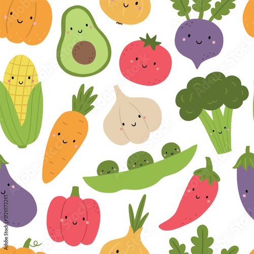 Cute seamless pattern with cartoon vegetables. Kawaii avocado, tomato, beetroot, broccoli, garlic, carrot, pepper, peas, corn, pumpkin, onion. Hand drawn vector illustration