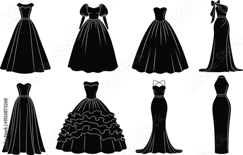 Collection of eight elegant evening gown silhouettes, isolated vector icons showcasing formal fashion styles for women, dresses, party wear, and decorative themes