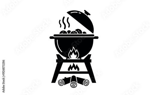 Black silhouette of a barbecue grill with lid open and flames rising from coals