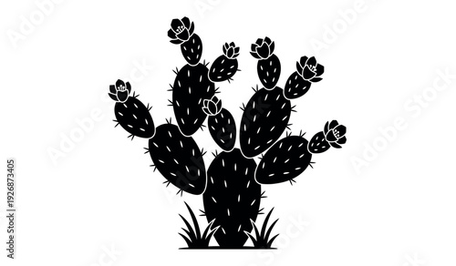 Black silhouette of a prickly pear cactus with flowers and spines