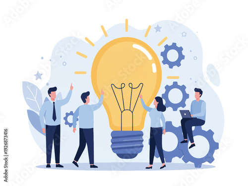 Group of people working together to achieve a bright idea with light bulb and gears