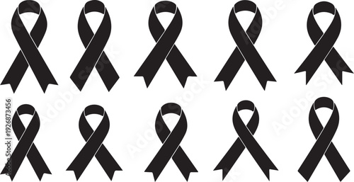 Black awareness ribbons on white background for support causes