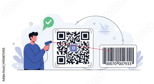 Professional using a handheld laser scanner to quickly and accurately read both a large QR code and a standard product barcode.