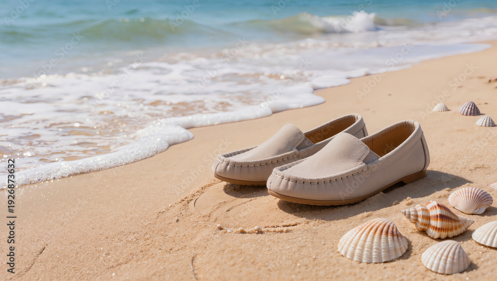 Obraz premium A pair of light-colored shoes on a sandy beach with seashells and ocean waves in the background