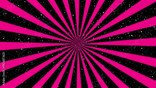 Seamless black and hot pink rotating abstract radial Sunburst with stars background loop animation. Vibrant retro dark rays with floating space dust.