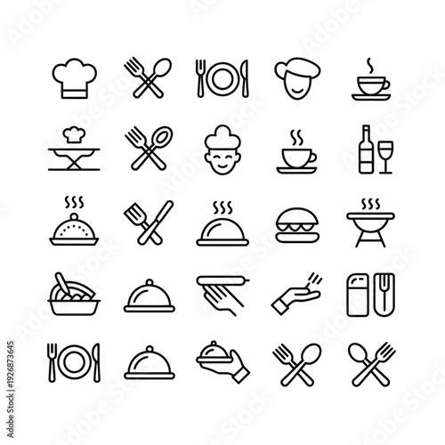 Collection of minimalist line icons representing various food and cooking elements
