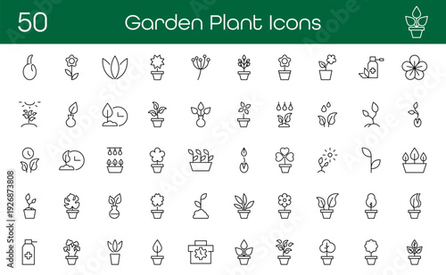 Set of garden plant and flower line icons. Collection of organic nature symbols including sprouts, pots, and leaves. Linear vector illustration for eco branding and botany web design.