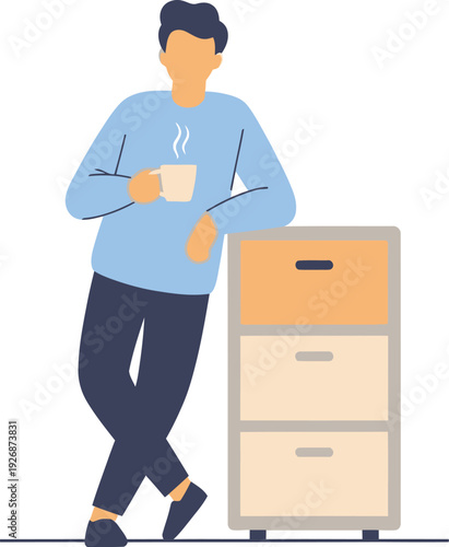 A man in a blue shirt standing next to a filing cabinet with a cup of coffee