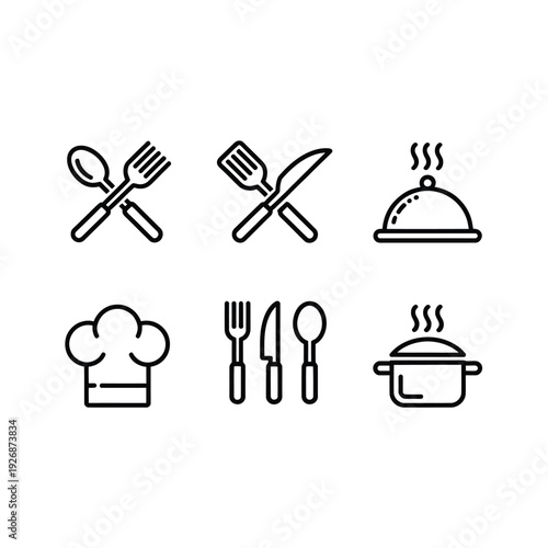 Collection of minimalist kitchen utensils and cooking related line icons